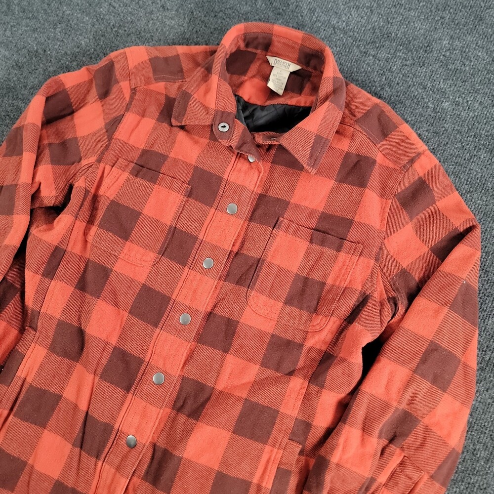 Duluth Trading Women's L Red Buffalo Plaid Flannel Shirt Jacket Quilted 6 Pocket